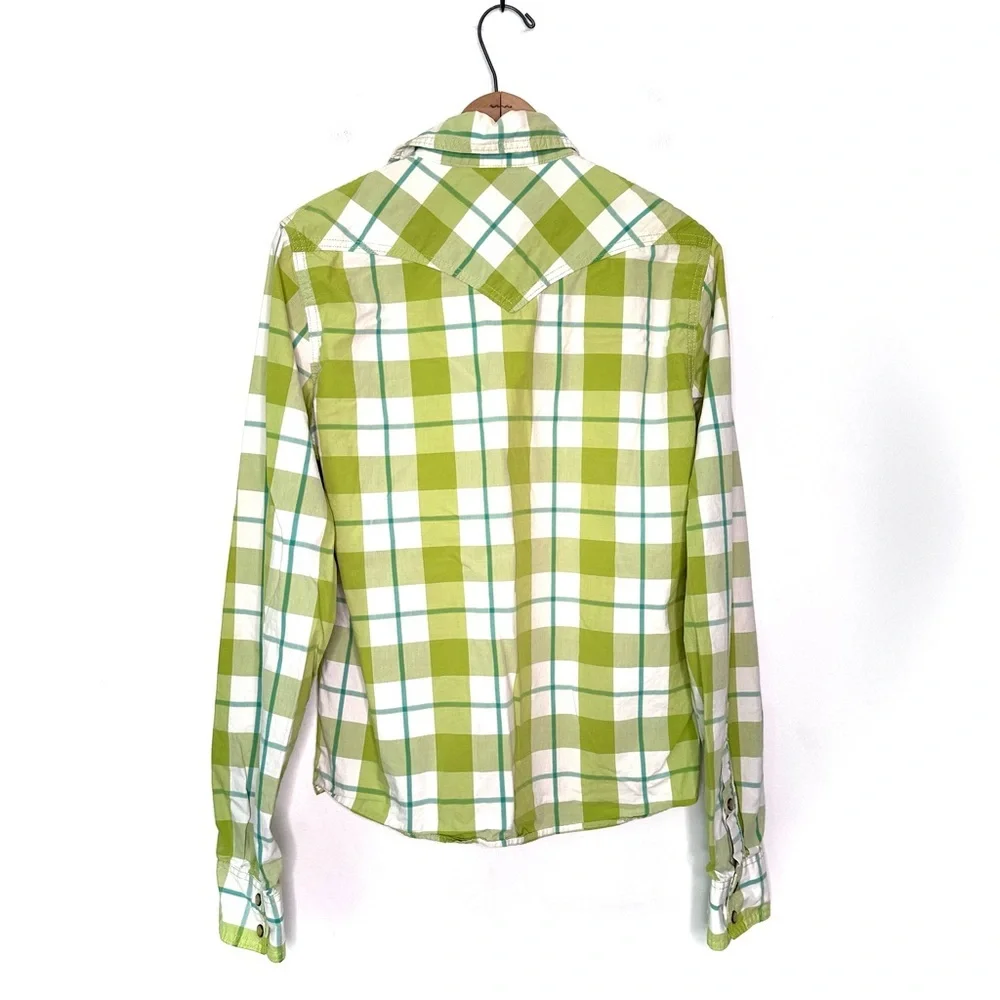 Hollister Men’s Green and White Plaid Snap Button Down Shirt Size Large